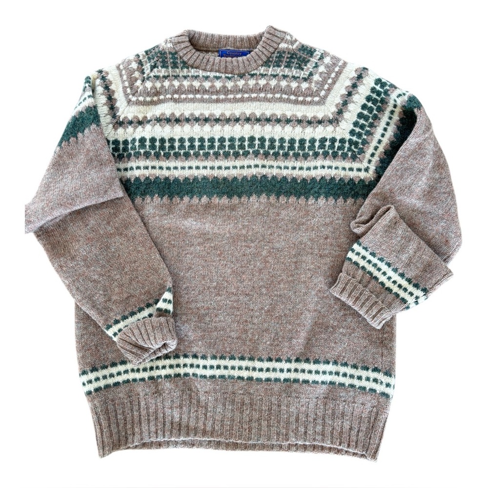 Pendleton Brown Cream Green Fair Isle Crewneck Sweater